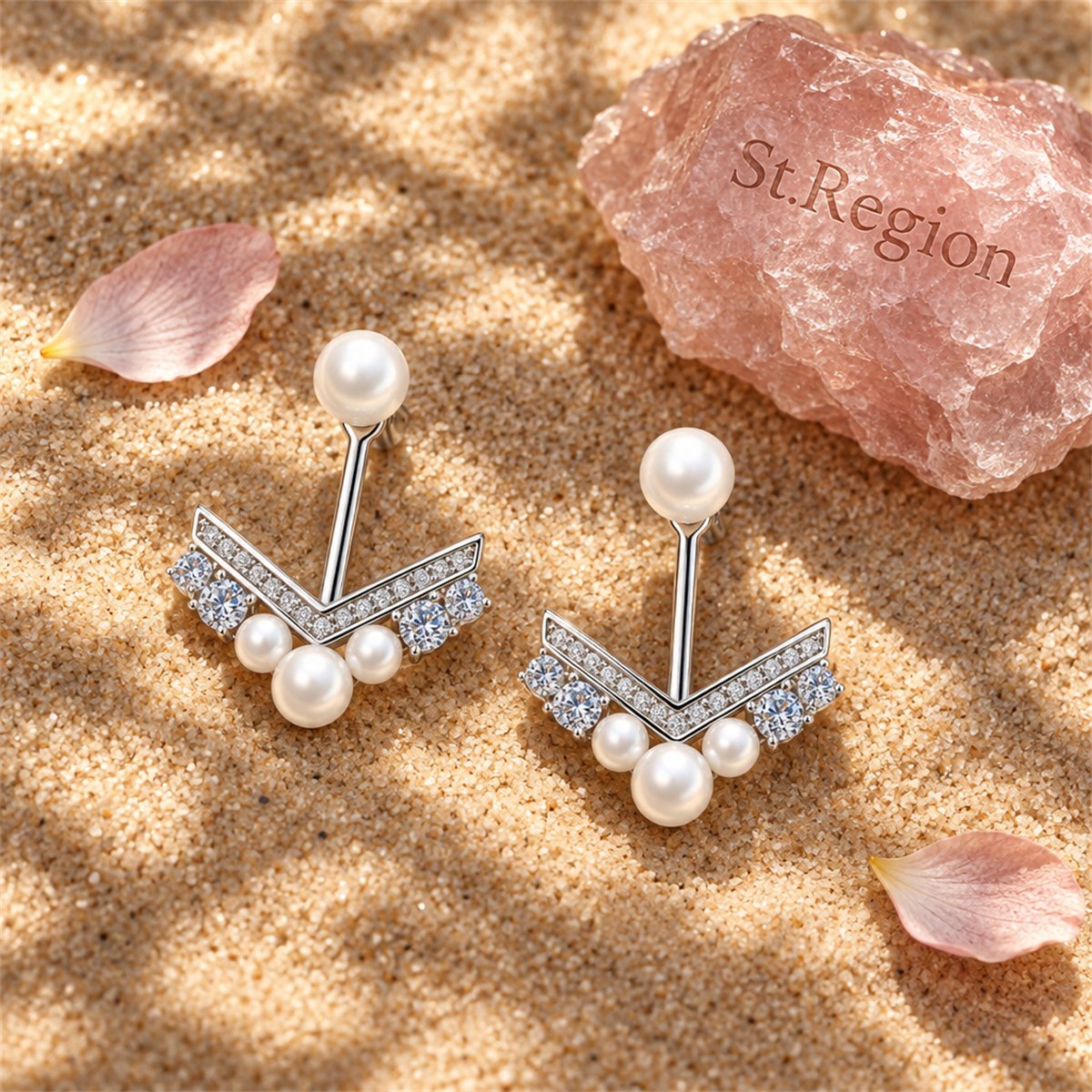 Pearl and Cubic Zirconia Silver-Plated Chevron Cluster Ear Jackets, botanical inspired, detail close-up