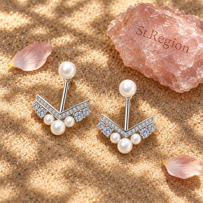 Pearl and Cubic Zirconia Silver-Plated Chevron Cluster Ear Jackets, botanical inspired, detail close-up