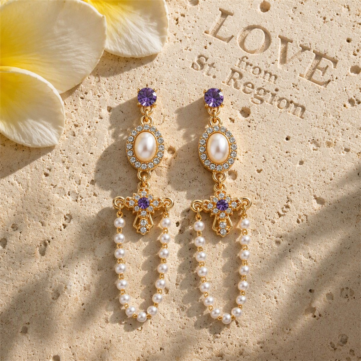 Pearl and Blue Cubic Zirconia 18K Gold-Plated Cross Chain Drop Earrings, gold drop earrings for women, lifestyle look