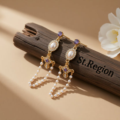 Pearl and Blue Cubic Zirconia 18K Gold-Plated Cross Chain Drop Earrings, gold drop earrings for women, front view