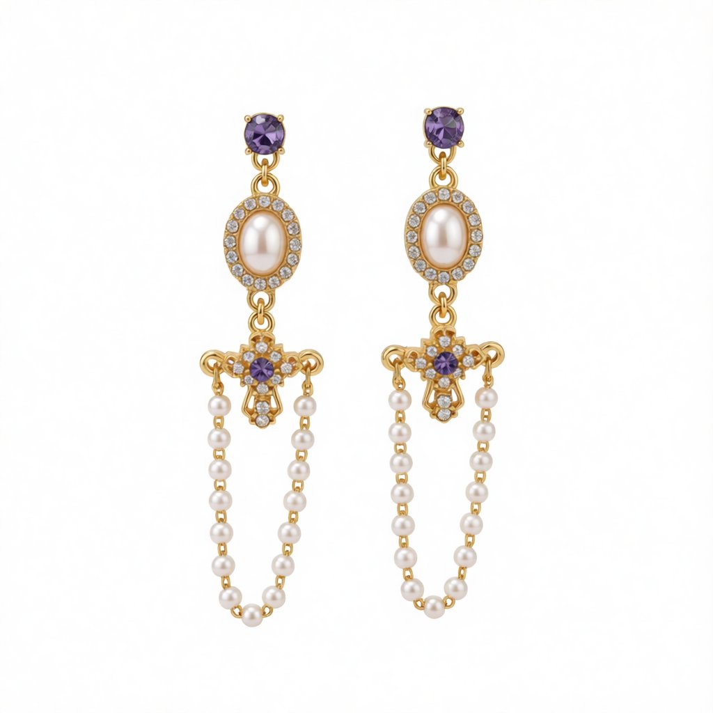 Pearl and Blue Cubic Zirconia 18K Gold-Plated Cross Chain Drop Earrings, gold drop earrings for women, side view