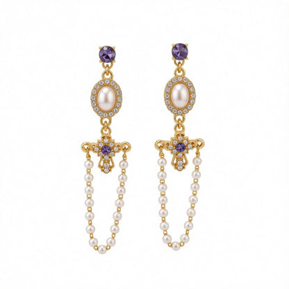 Pearl and Blue Cubic Zirconia 18K Gold-Plated Cross Chain Drop Earrings, gold drop earrings for women, side view