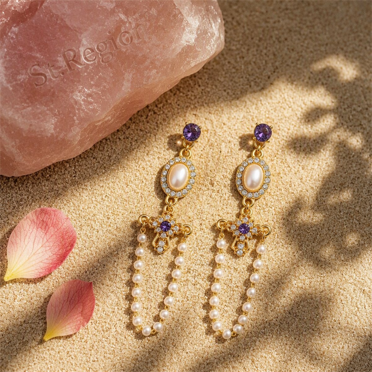 Pearl and Blue Cubic Zirconia 18K Gold-Plated Cross Chain Drop Earrings, gold drop earrings for women, detail close-up