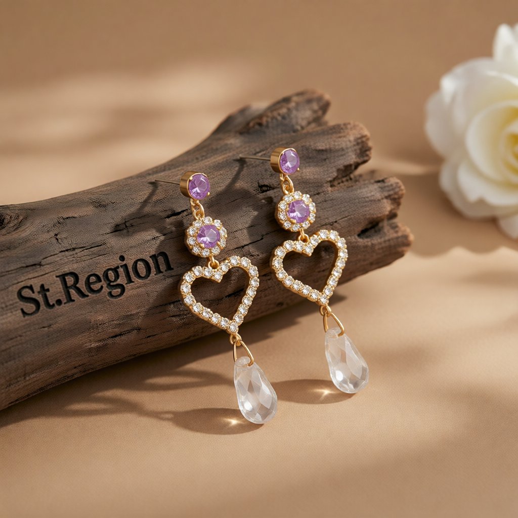 Purple Cubic Zirconia and Crystal Open Heart Tiered Drop Earrings, drop earrings for women, front view