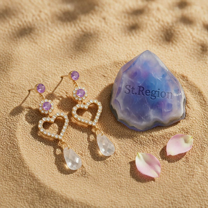 Purple Cubic Zirconia and Crystal Open Heart Tiered Drop Earrings, drop earrings for women, detail close-up