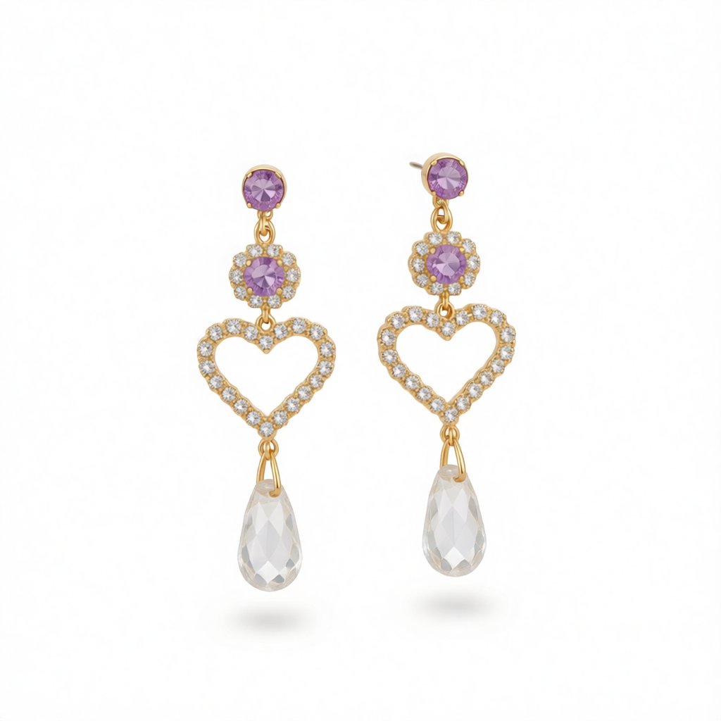 Purple Cubic Zirconia and Crystal Open Heart Tiered Drop Earrings, drop earrings for women, side view