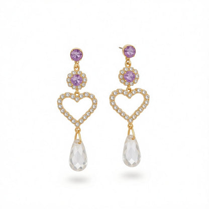 Purple Cubic Zirconia and Crystal Open Heart Tiered Drop Earrings, drop earrings for women, side view