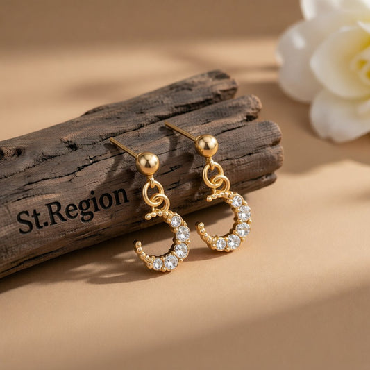 Cubic Zirconia and 18K Gold-Plated Crescent Moon Drop Earrings, gold drop earrings for women, front view