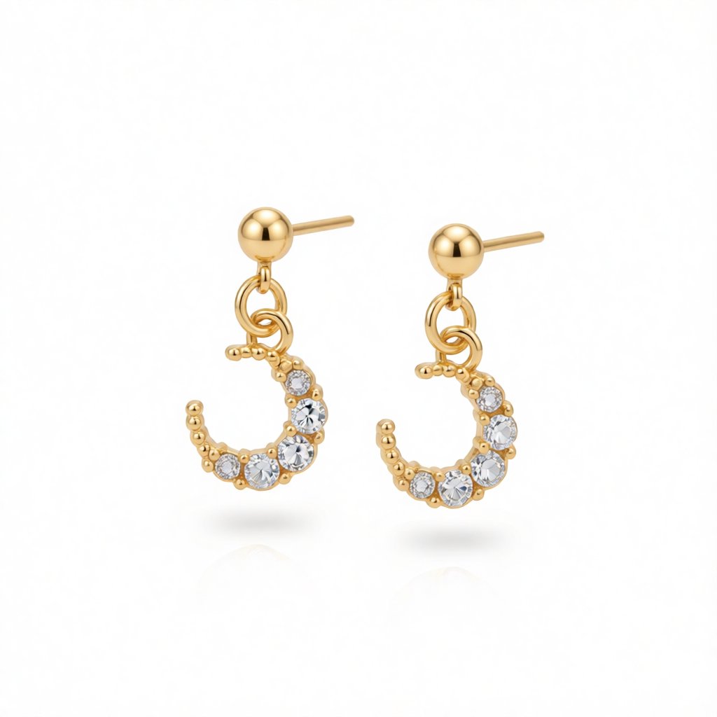 Cubic Zirconia and 18K Gold-Plated Crescent Moon Drop Earrings, gold drop earrings for women, side view