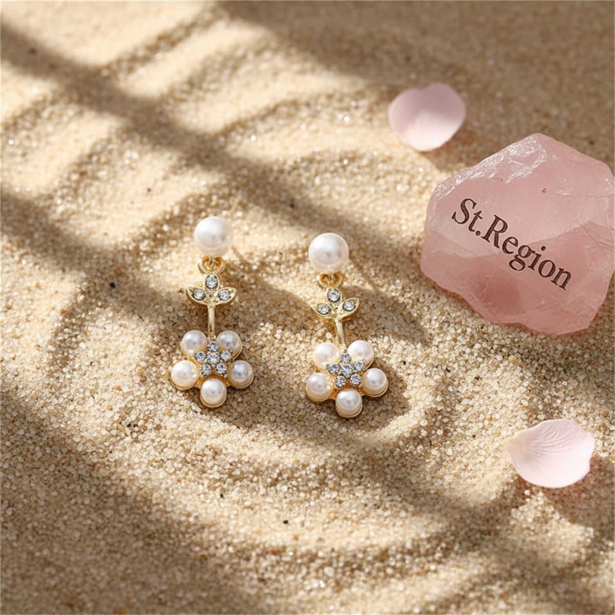 Pearl and Cubic Zirconia 18K Gold-Plated Floral Drop Earrings, gold drop earrings for women, detail close-up