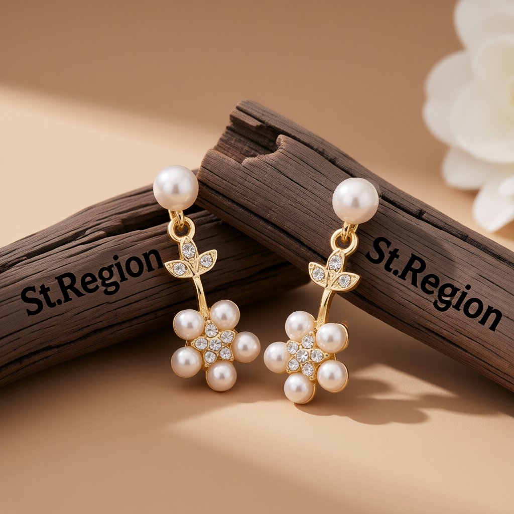 Pearl and Cubic Zirconia 18K Gold-Plated Floral Drop Earrings, gold drop earrings for women, elegant gift for her, front view