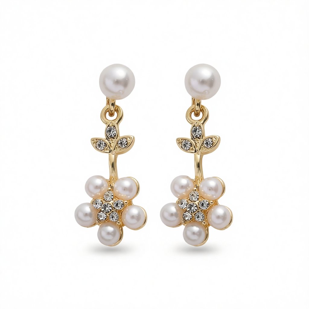 Pearl and Cubic Zirconia 18K Gold-Plated Floral Drop Earrings, gold drop earrings for women, elegant gift for her, side view