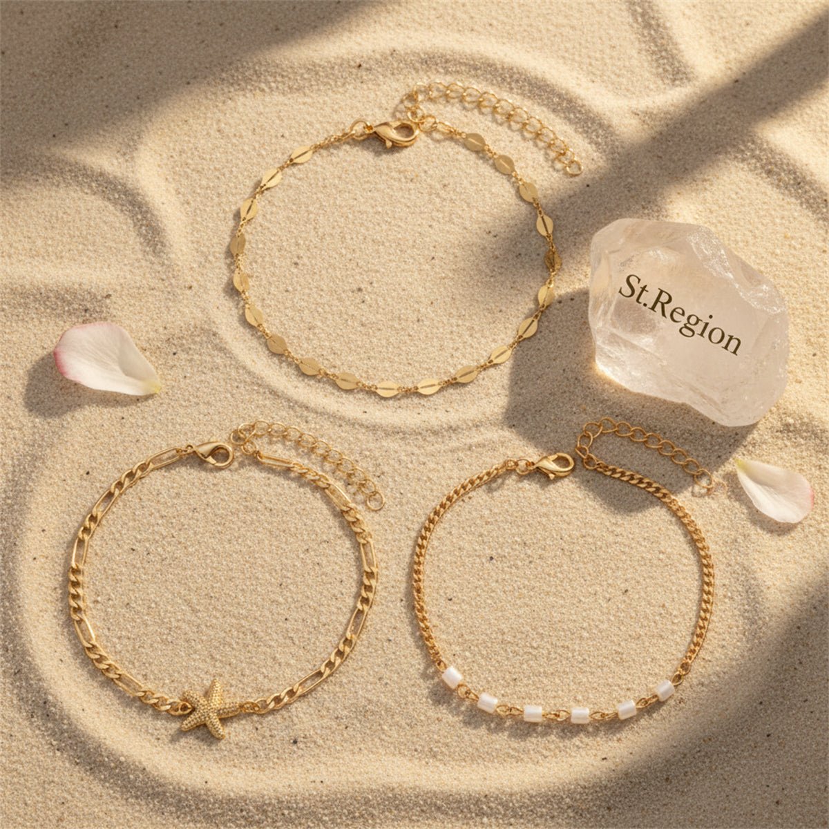 Acrylic & Goldtone Beads Chain Starfish Charm Anklet Set - Street Region