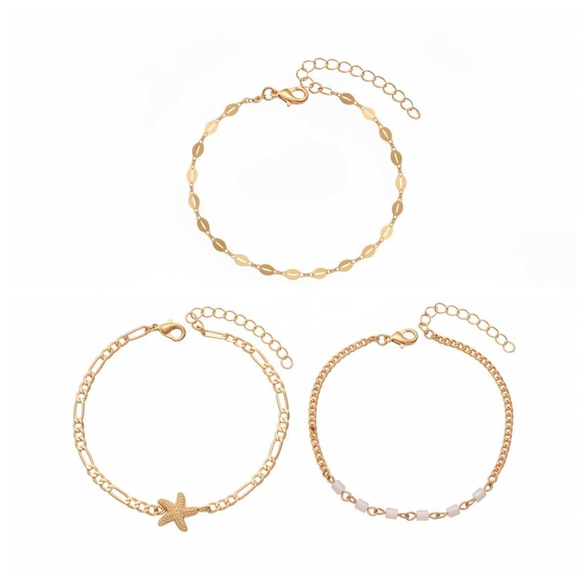 Acrylic & Goldtone Beads Chain Starfish Charm Anklet Set - Street Region