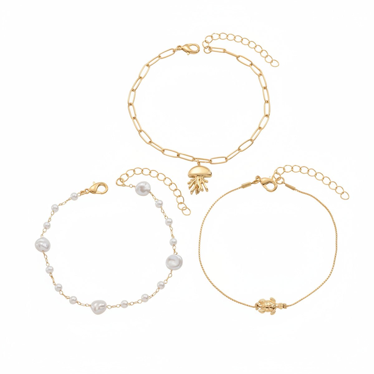 Baroque Pearl & Goldtone Jellyfish Turtle Charm Anklet Set - Street Region