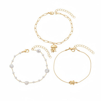 Baroque Pearl & Goldtone Jellyfish Turtle Charm Anklet Set - Street Region