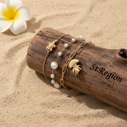 Baroque Pearl & Goldtone Jellyfish Turtle Charm Anklet Set - Street Region