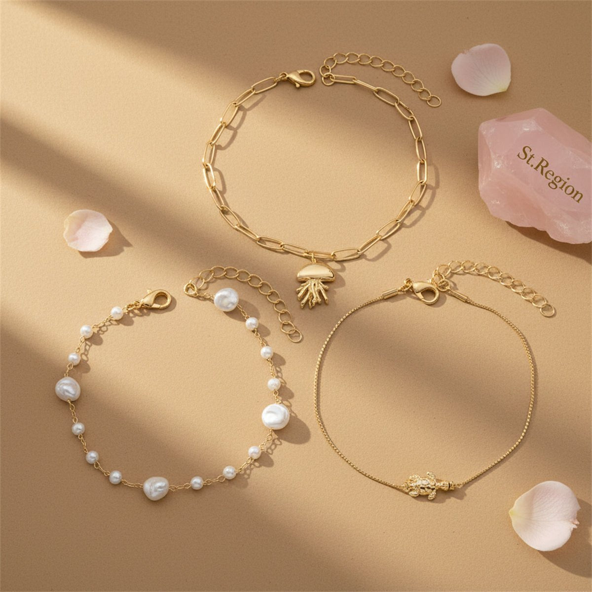 Baroque Pearl & Goldtone Jellyfish Turtle Charm Anklet Set - Street Region