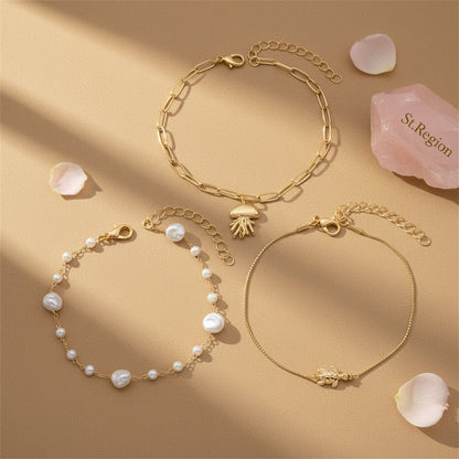 Baroque Pearl & Goldtone Jellyfish Turtle Charm Anklet Set - Street Region