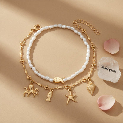 Baroque Pearl & Goldtone Sea Lives Tassel Anklet Set - Street Region