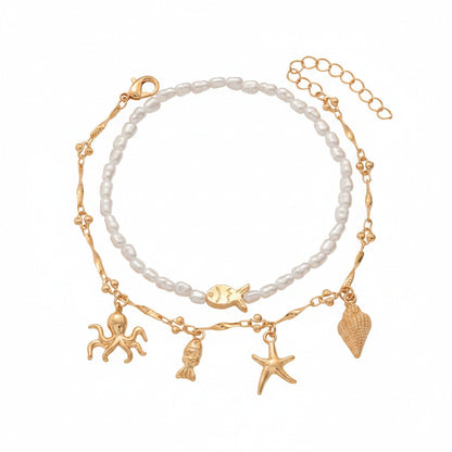 Baroque Pearl & Goldtone Sea Lives Tassel Anklet Set - Street Region