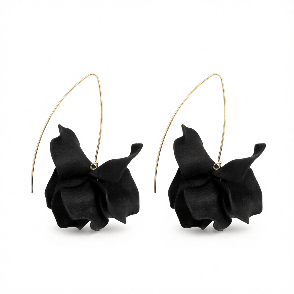 Black Acrylic and Goldtone Petals Drop Earrings, elegant gift for her, side view