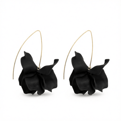 Black Acrylic and Goldtone Petals Drop Earrings, elegant gift for her, side view