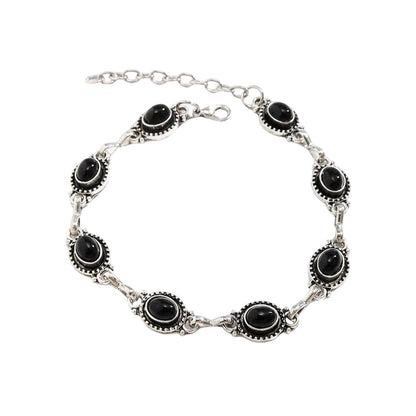 Black Resin and Silvertone Oval Stations Anklet, silver anklet bracelet, dainty minimalist design, side view