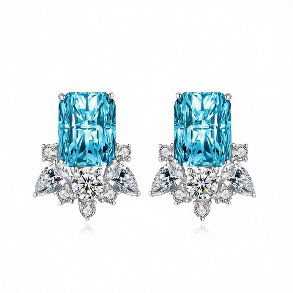 Blue Crystal and Cubic Zirconia Radiant Stud Earrings, stud earrings for women, vintage-inspired design, side view