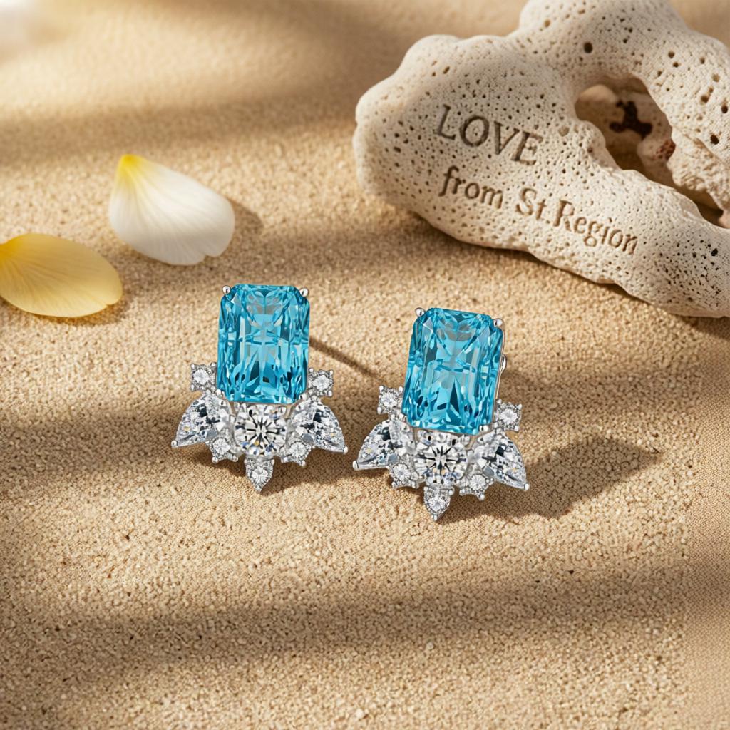 Blue Crystal and Cubic Zirconia Radiant Stud Earrings, stud earrings for women, vintage-inspired design, lifestyle look