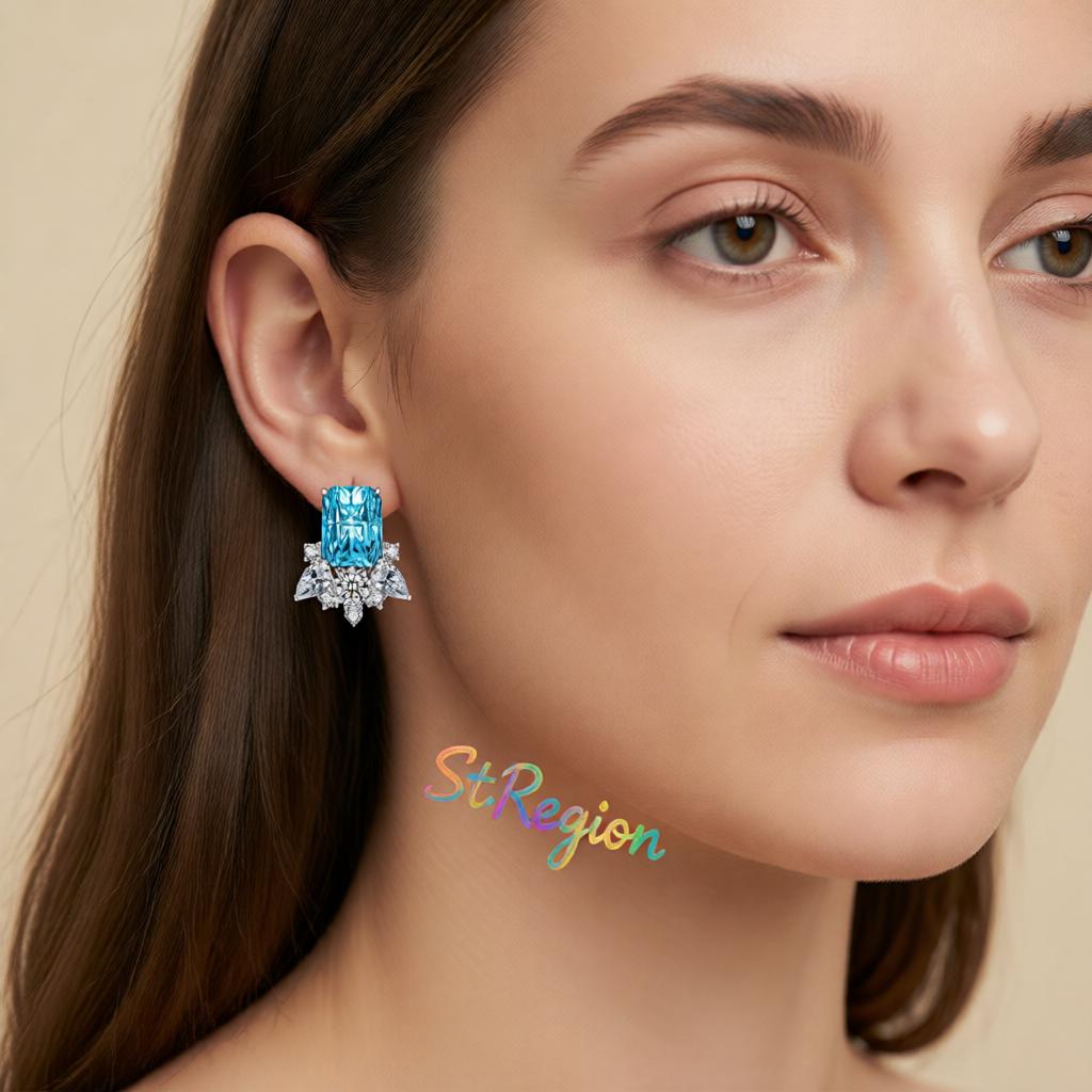 Blue Crystal and Cubic Zirconia Radiant Stud Earrings, stud earrings for women, vintage-inspired design, styled look