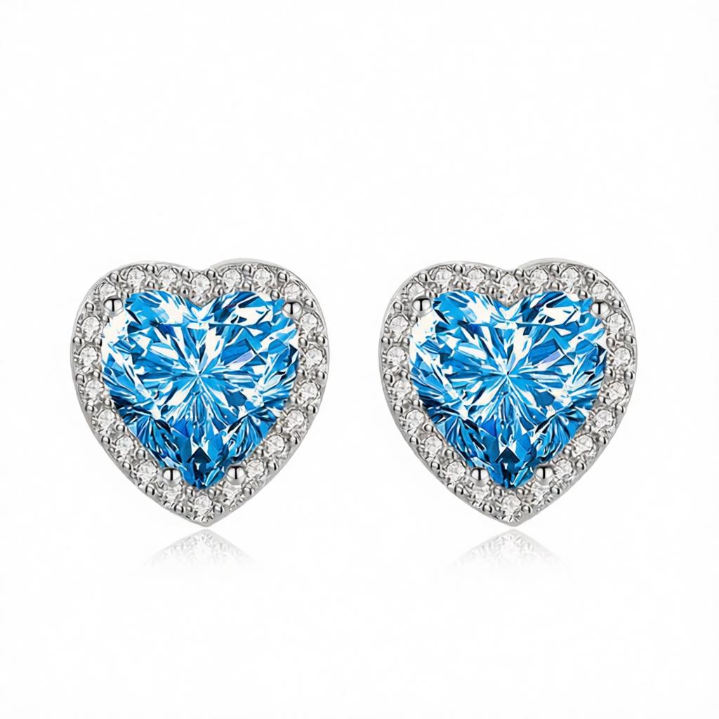 Blue Crystal and Cubic Zirconia Silvertone Halo Heart Stud Earrings, silver stud earrings for women, side view