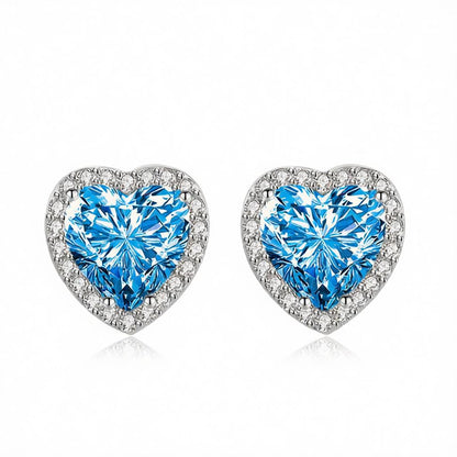 Blue Crystal and Cubic Zirconia Silvertone Halo Heart Stud Earrings, silver stud earrings for women, side view