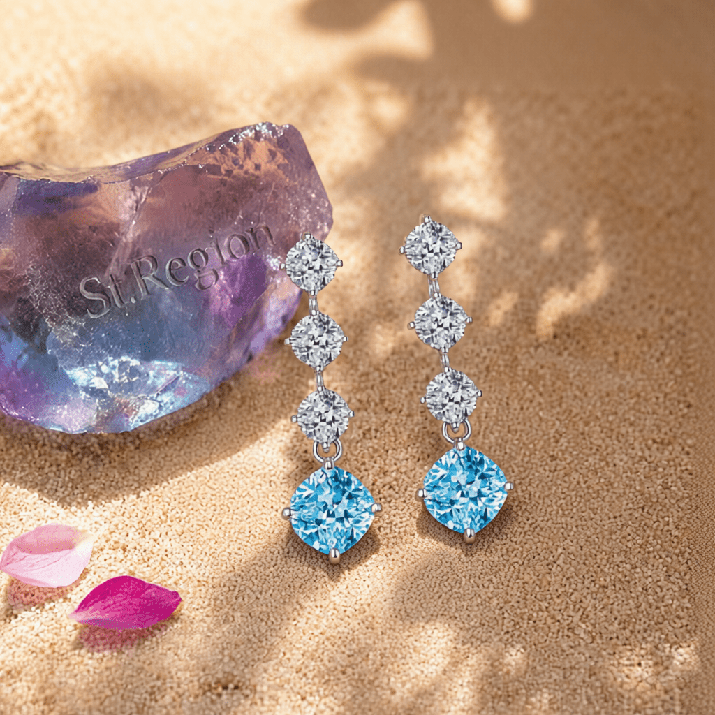 Blue Crystal & Silvertone Cushion-Cut Drop Earrings