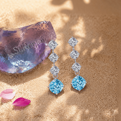 Blue Crystal & Silvertone Cushion-Cut Drop Earrings