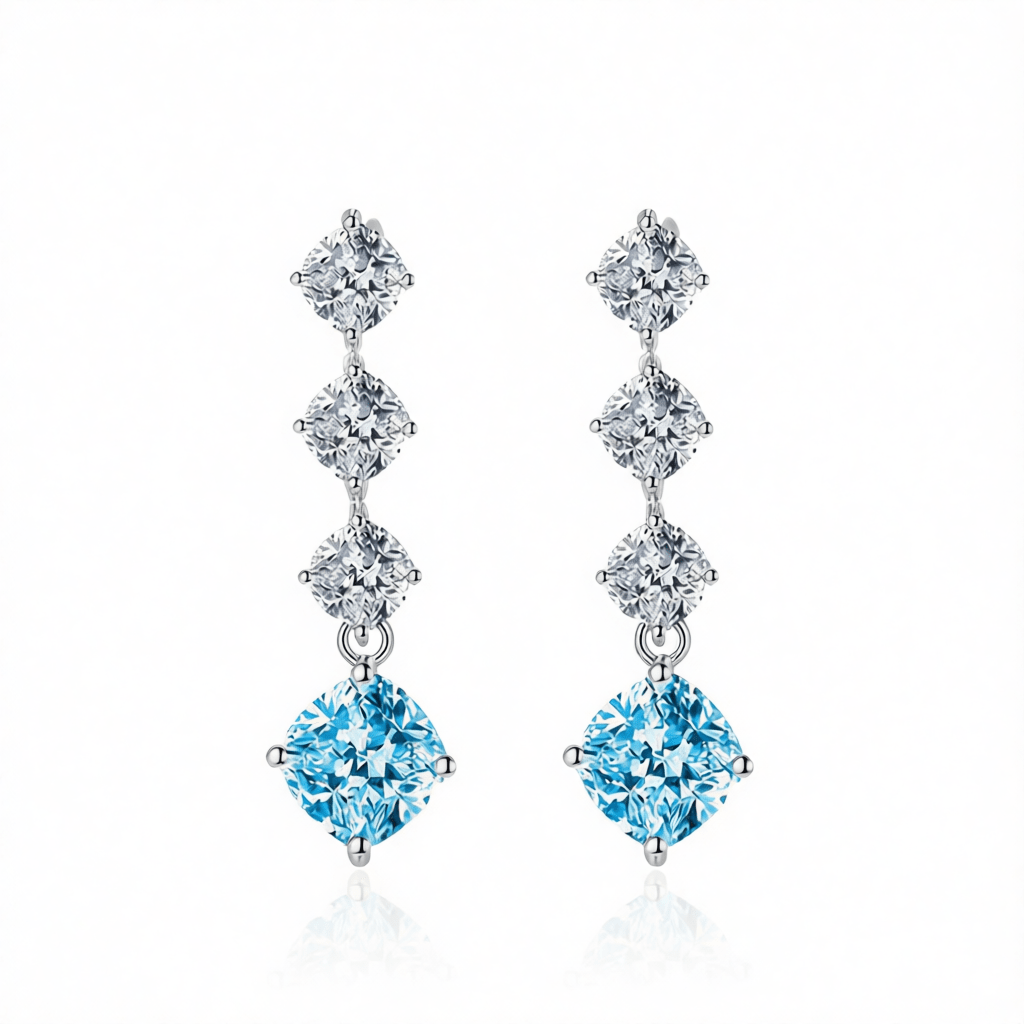 Blue Crystal & Silvertone Cushion-Cut Drop Earrings
