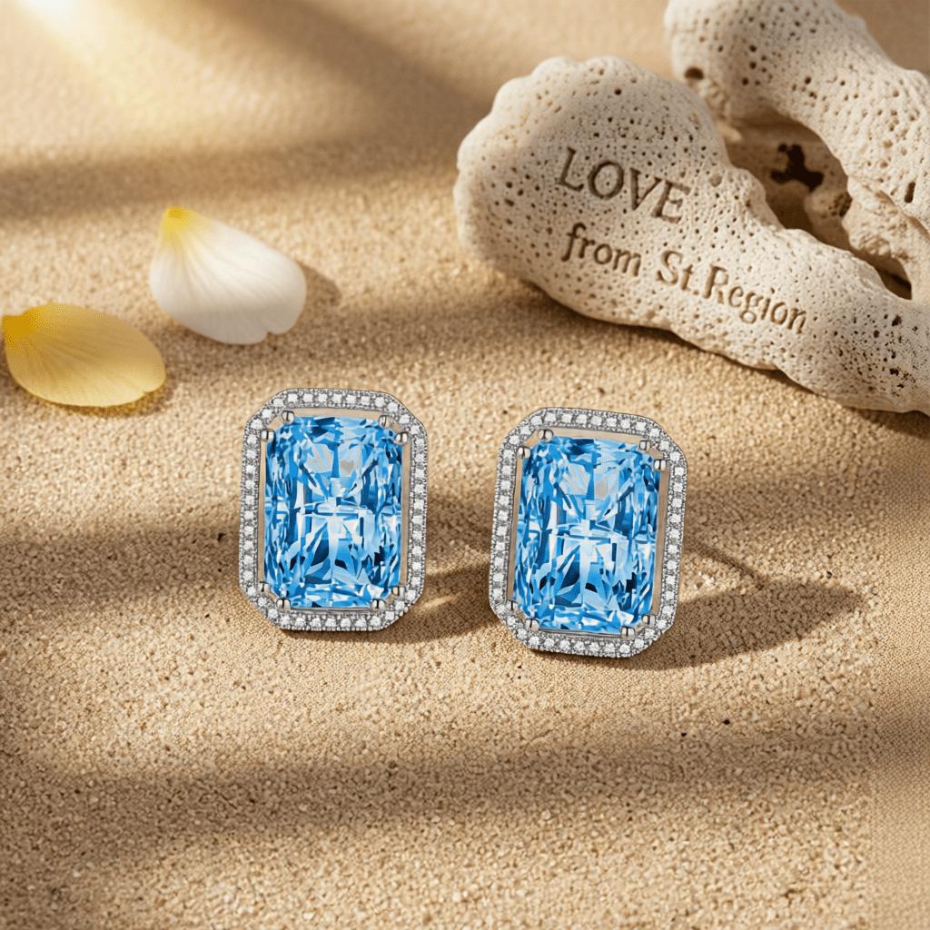 Blue Radiant Crystal and Cubic Zirconia Silvertone Halo Stud Earrings, cubic zirconia stud earrings for women, lifestyle look