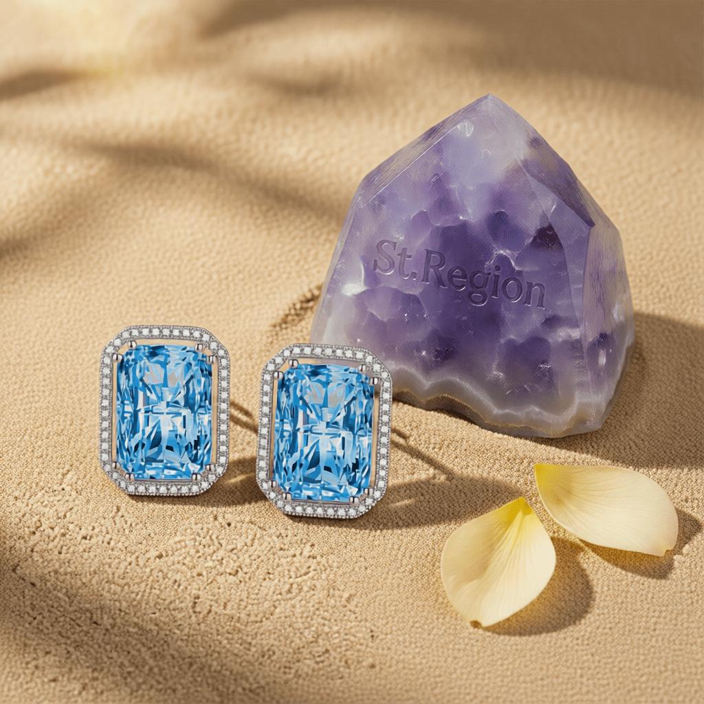 Blue Radiant Crystal and Cubic Zirconia Silvertone Halo Stud Earrings, cubic zirconia stud earrings for women, detail clos...