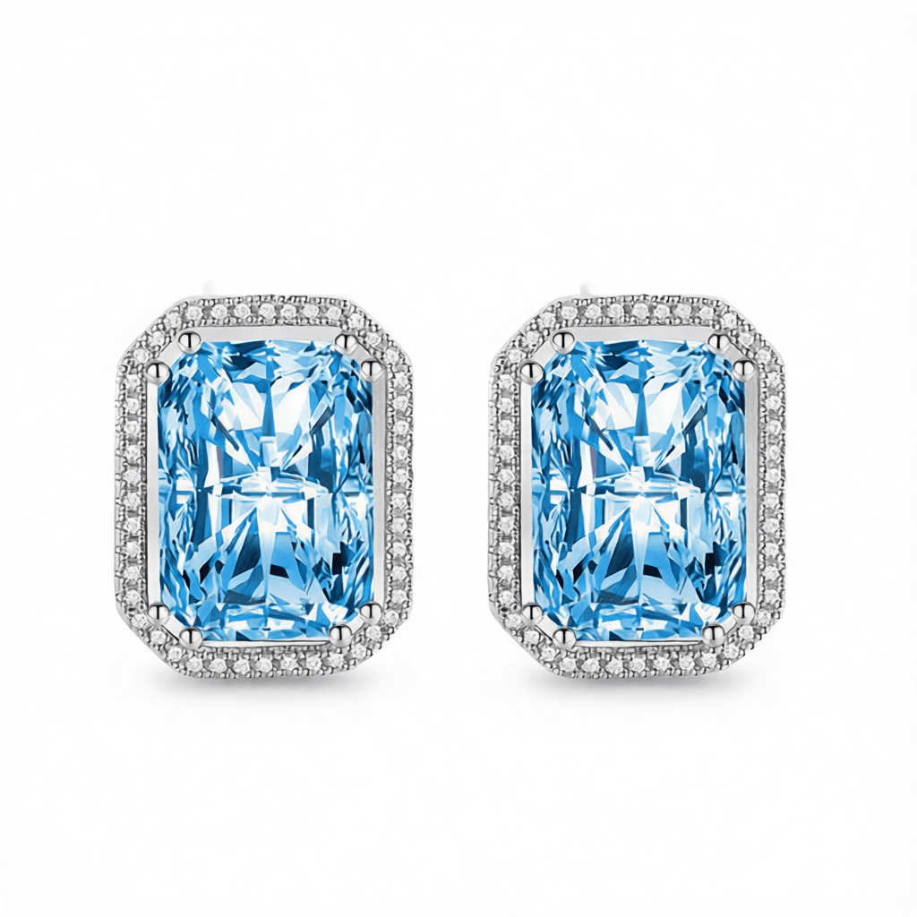 Blue Radiant Crystal and Cubic Zirconia Silvertone Halo Stud Earrings, cubic zirconia stud earrings for women, side view