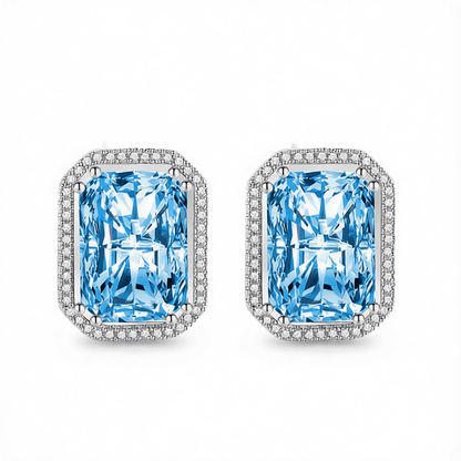 Blue Radiant Crystal and Cubic Zirconia Silvertone Halo Stud Earrings, cubic zirconia stud earrings for women, side view