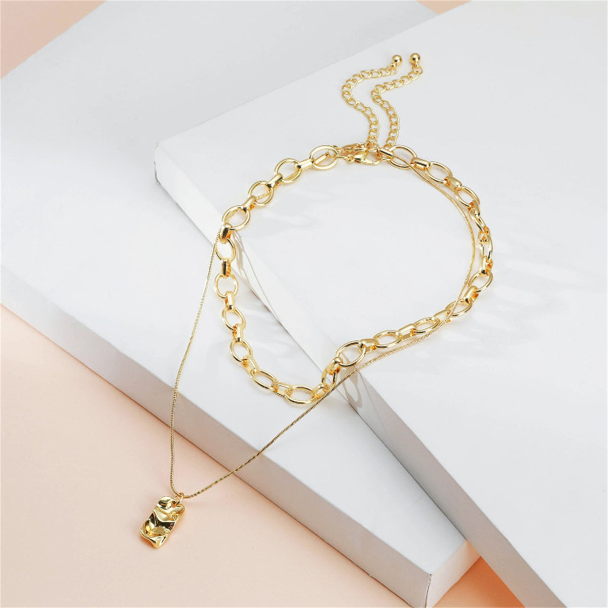 18K Gold-Plated Chain Rectangle Pendant Necklace Set, gold pendant necklace for women, botanical inspired, side view