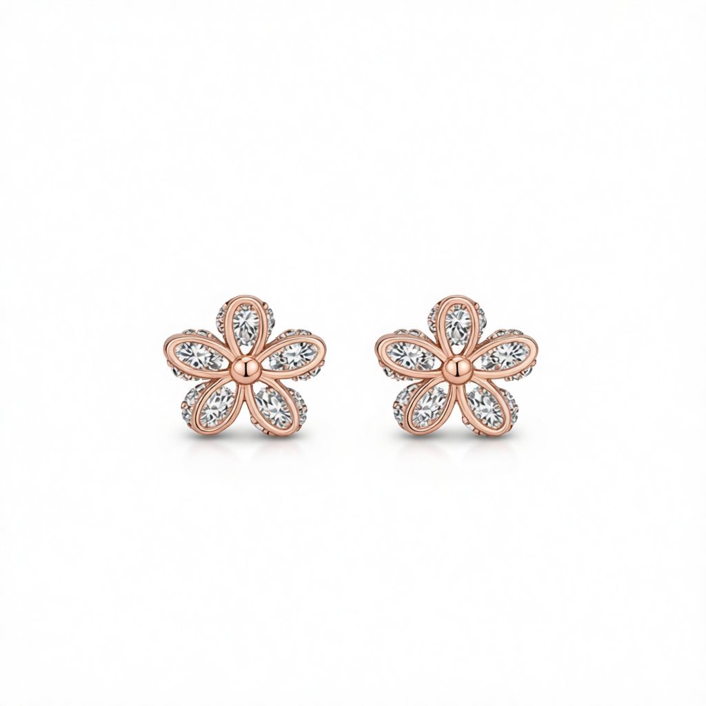Cubic Zirconia and 18K Rose Gold-Plated Flower Stud Earrings, rose gold stud earrings for women, everyday style, side view