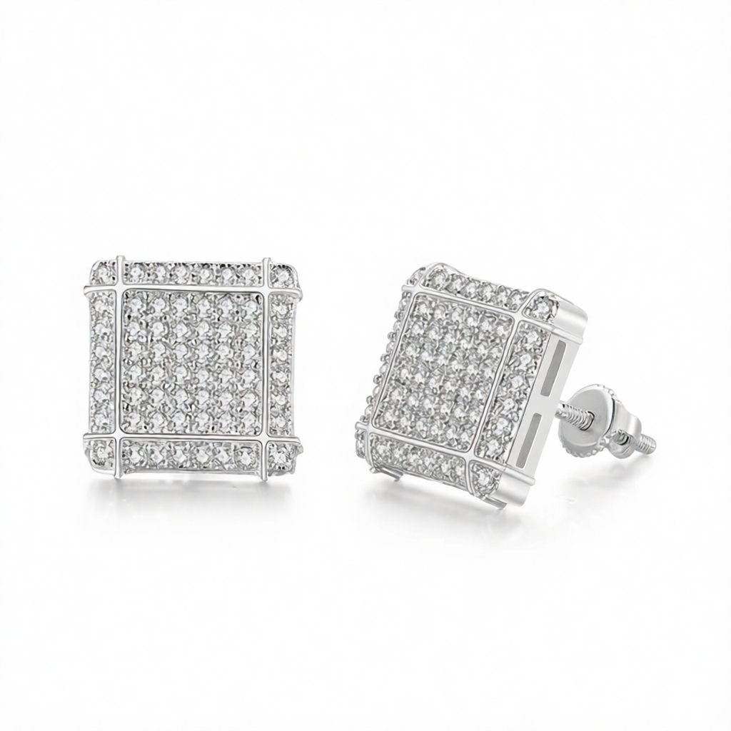 Cubic Zirconia & Silver-Plated Grid Square Stud Earrings