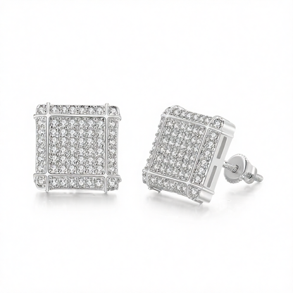 Cubic Zirconia & Silver-Plated Grid Square Stud Earrings