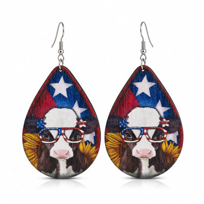 Blue Multicolor Wood and Silver-Plated Cow Drop Earrings, silver drop earrings for women, vintage-inspired design, side view