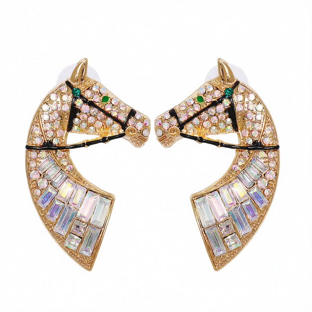 Cubic Zirconia and Crystal 18K Gold-Plated Horse Stud Earrings, gold stud earrings for women, botanical inspired, front view