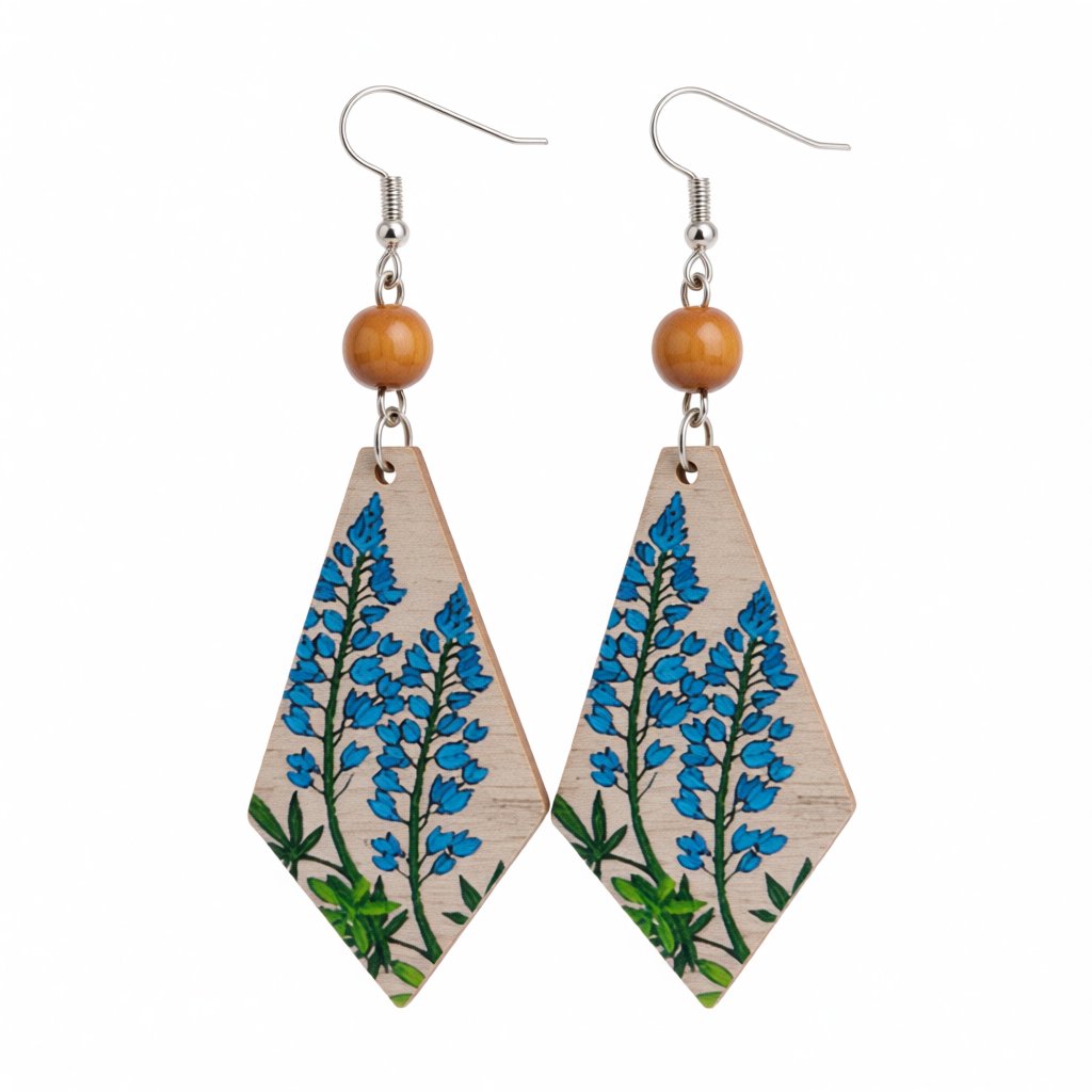 Blue Multicolor Wood and Silver-Plated Lavender Rhombus Drop Earrings, silver drop earrings for women, side view