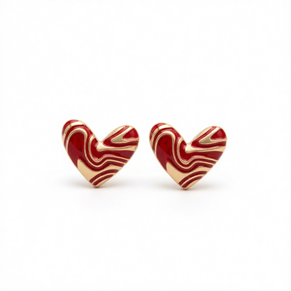 Red & Silver-Plated Heart Stud Earrings