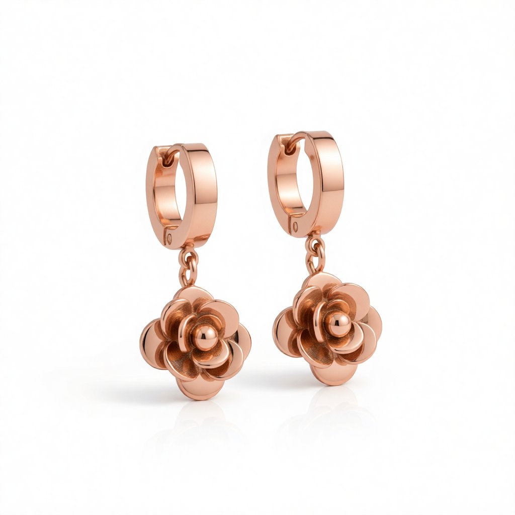 18K Rose Gold-Plated Camellia Drop Earring, rose gold huggie earrings, vintage-inspired design, side view
