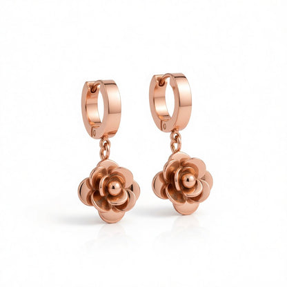 18K Rose Gold-Plated Camellia Drop Earring, rose gold huggie earrings, vintage-inspired design, side view